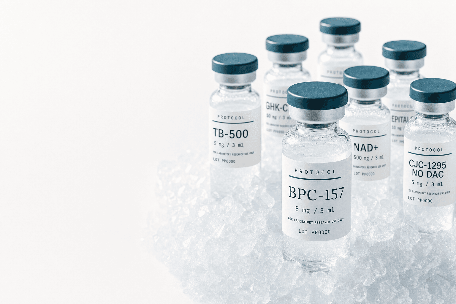 Seven labelled Protocol Peptides vials standing in crushed ice
