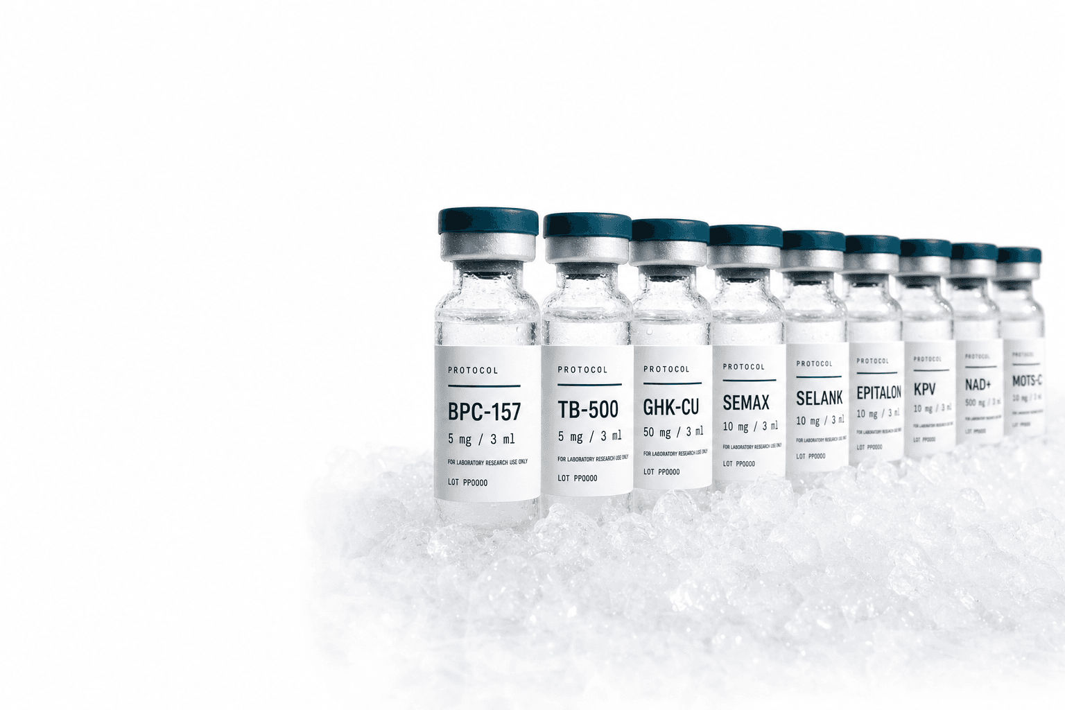 Labelled vials in a row in crushed ice, clean white space to the left