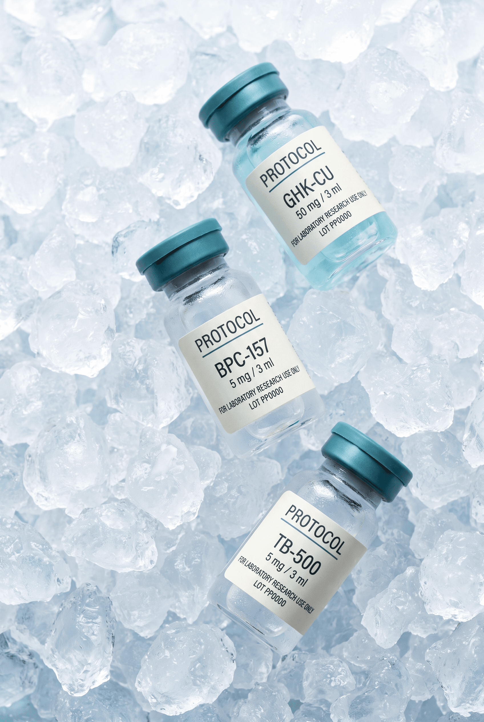 BPC-157, GHK-Cu and TB-500 vials lying in crushed ice, photographed from above
