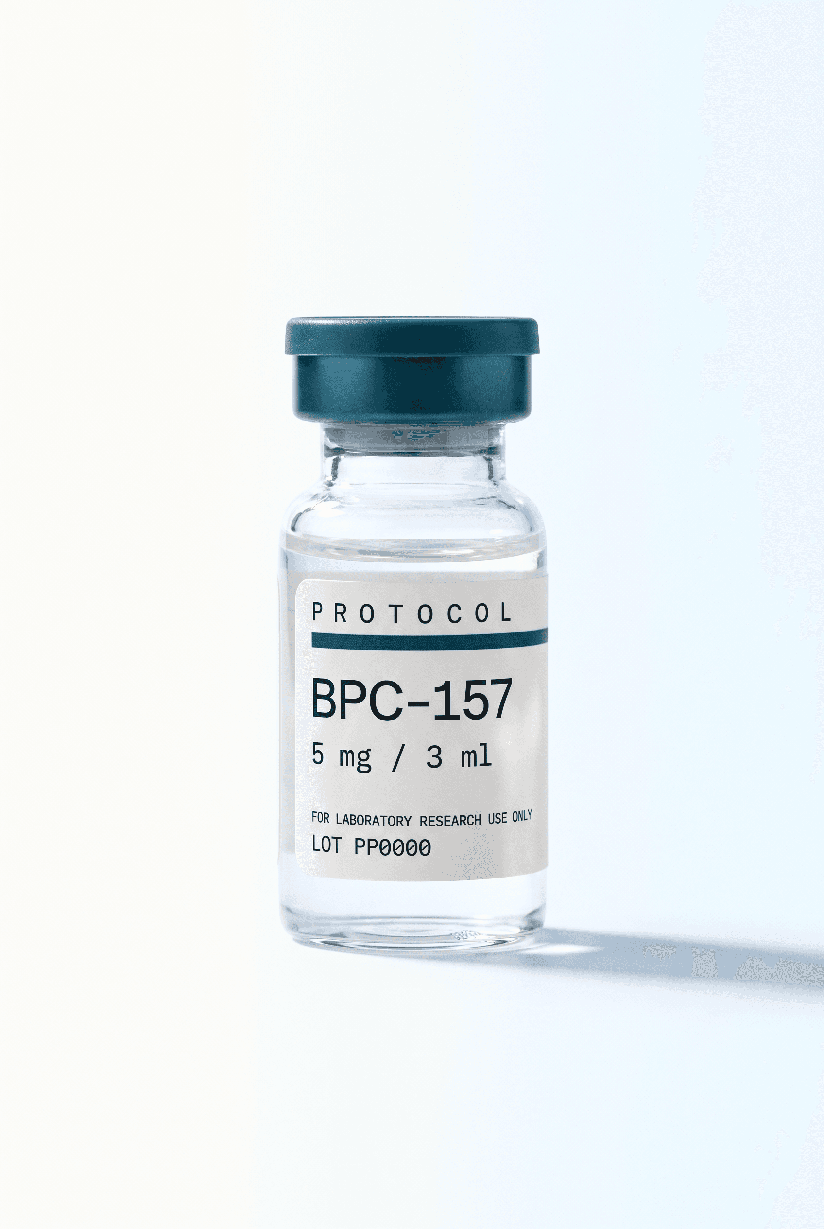 A single labelled Protocol Peptides BPC-157 vial on a bright white studio field