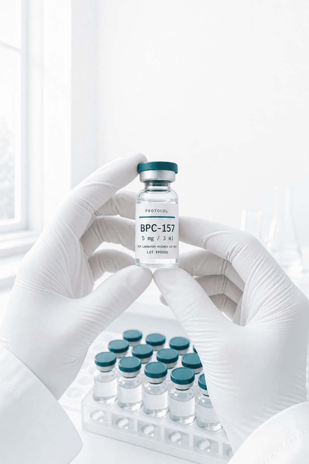 A gloved hand lifting a labelled Protocol Peptides vial clear of a rack