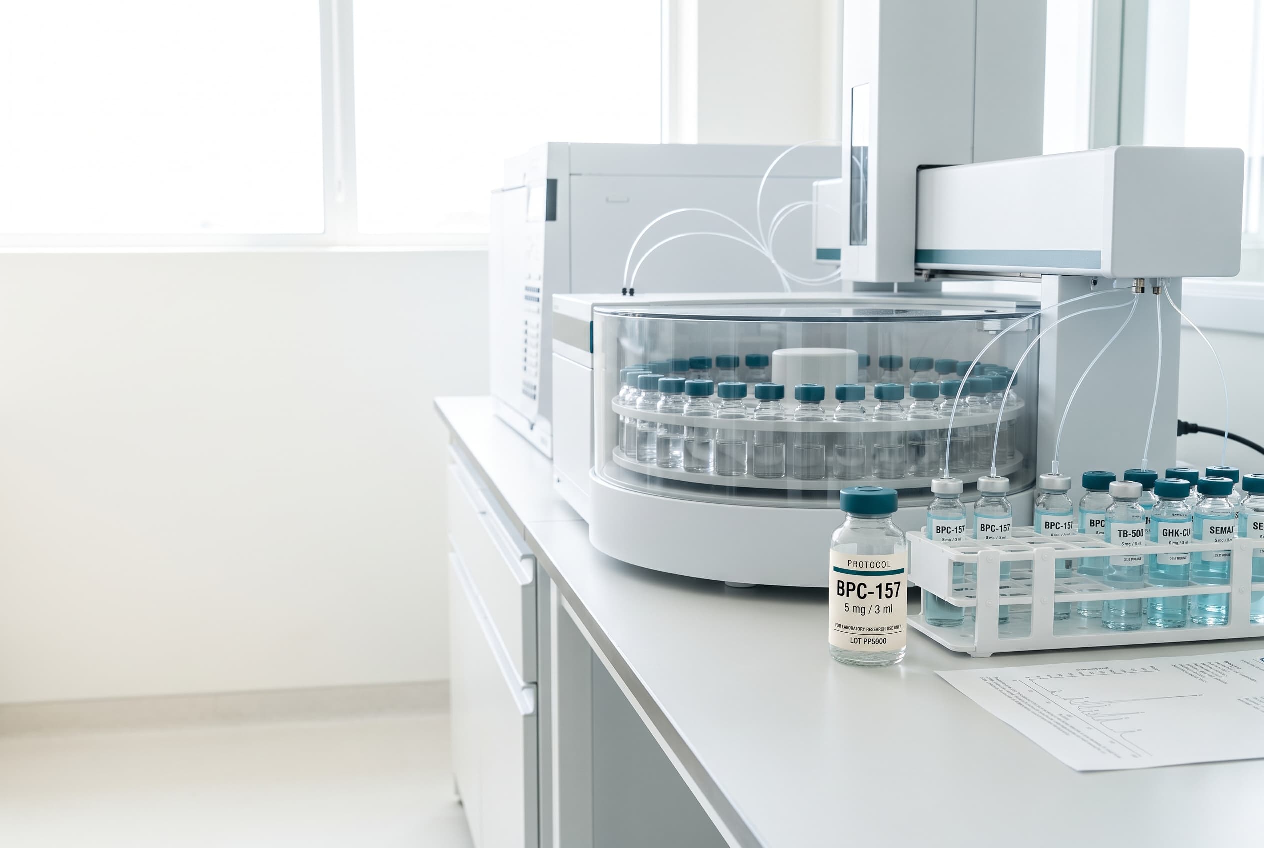 A bright analytical bench with an autosampler carousel of capped vials, a rack of labelled Protocol Peptides vials and a printed report